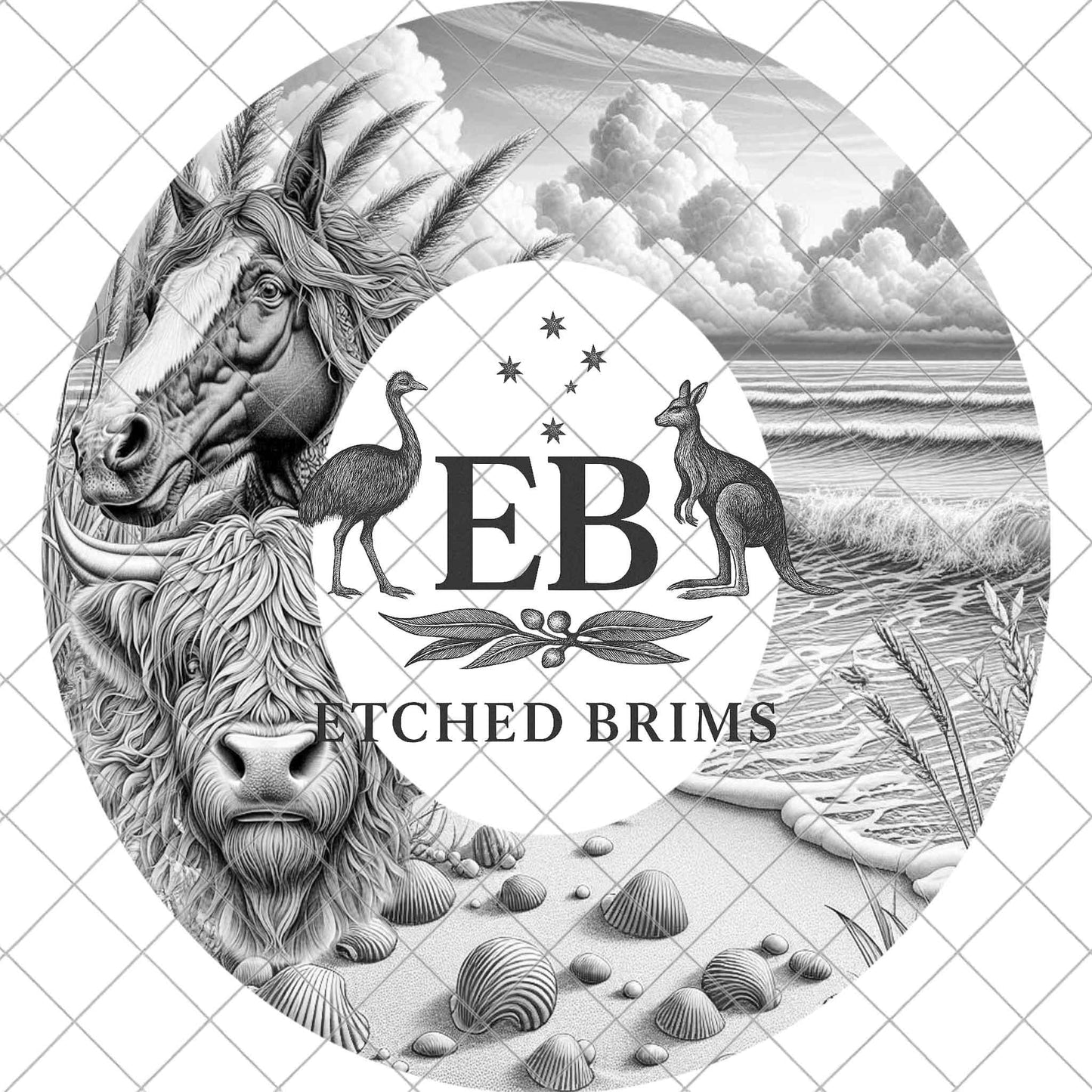 Horse, Highland Cow and Beach, Hat Burning Design, Western Laser Engraving Template for Wide Brim Fedora, EB896