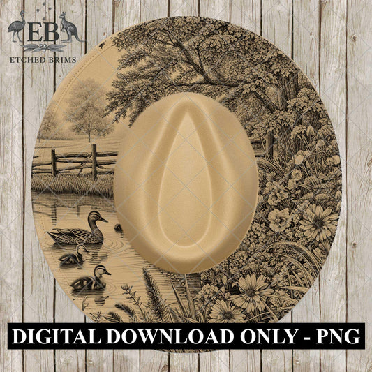 Ducks & Wildflowers, Hat Burning Design, Hat Engraving, Laser File, Wide Brim Hat, Printable Hat Template, EB1053
