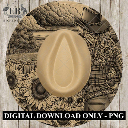 Cowgirl & Sunflowers 6, Hat Burning Design, Wide Brim Hat Burning Template, Laser Hat Engraving Template, Printable Stencil, EB763