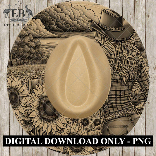 Cowgirl & Sunflowers 6, Hat Burning Design, Wide Brim Hat Burning Template, Laser Hat Engraving Template, Printable Stencil, EB763