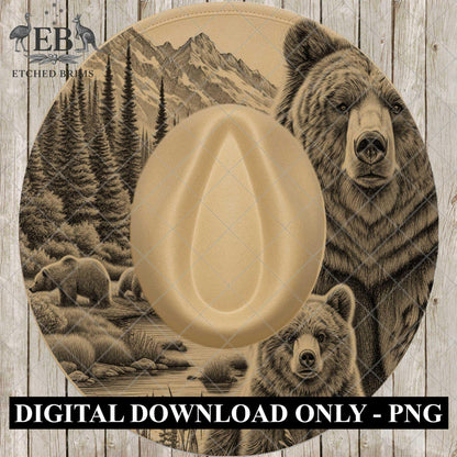 Grizzly Bear & Cub, Hat Burning Design, Wide Brim Hat Template, Hat Laser Engraving Design, Digital Download PNG, EB881