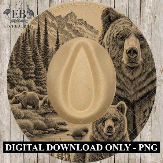 Grizzly Bear & Cub, Hat Burning Design, Wide Brim Hat Template, Hat Laser Engraving Design, Digital Download PNG, EB881