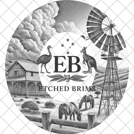 Windmill and Horses, Hat Burning Design, Outback Homestead, Rustic Western Country Farm, Laser Engraving Template for Wide Brim Hat, EB1040