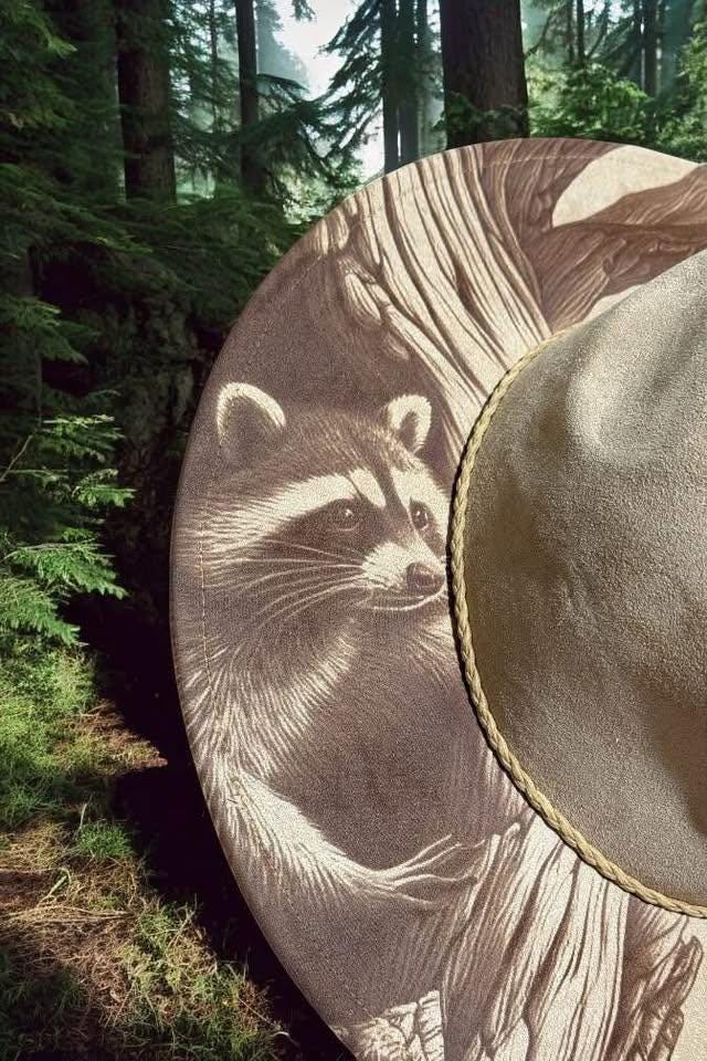 The Forager – Laser Engraved Raccoon Brim Hat, Wide Brim Hat, Vegan Suede Fedora Hat, Laser Engraved, Burned Fedora