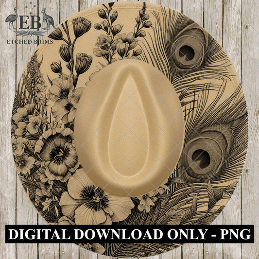 Larkspur Peacock Feather Hat Burning Design, Laser Engraving Template, Cowboy Hat File, EB1034