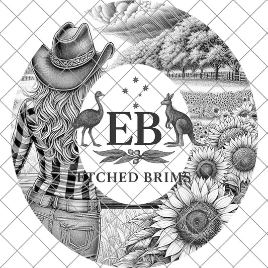 Cowgirl & Sunflowers 9, Hat Burning Design, Digital Download PNG, Hat Burning Template, Hat Laser Engraving Design, Printable Stencil, EB759