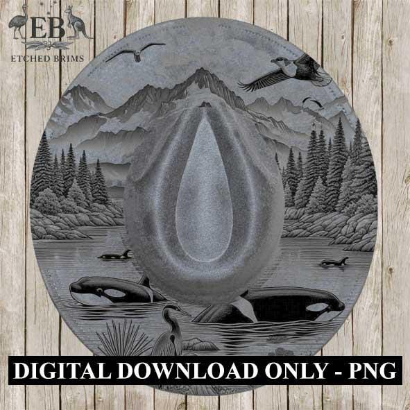 Orca Whales 1, Mountains, Laser Hat Burning Design, Digital Download PNG, Hat Burning Template, Hat Laser Engraving Design, Hat File EB352