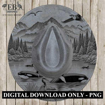 Orca Whales 1, Mountains, Laser Hat Burning Design, Digital Download PNG, Hat Burning Template, Hat Laser Engraving Design, Hat File EB352