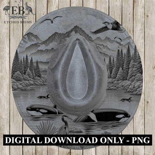 Orca Whales 1, Mountains, Laser Hat Burning Design, Digital Download PNG, Hat Burning Template, Hat Laser Engraving Design, Hat File EB352