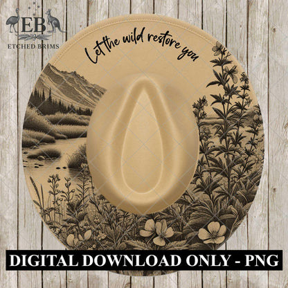 Let the Wild Restore You Mountain Flowers Hat Burning Design, Alpine Laser Template File, Nature Landscape Cowboy Hat Design, EB1062