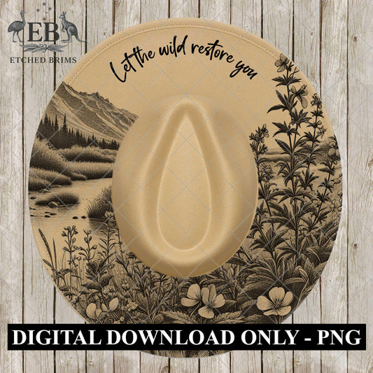 Let the Wild Restore You Mountain Flowers Hat Burning Design, Alpine Laser Template File, Nature Landscape Cowboy Hat Design, EB1062