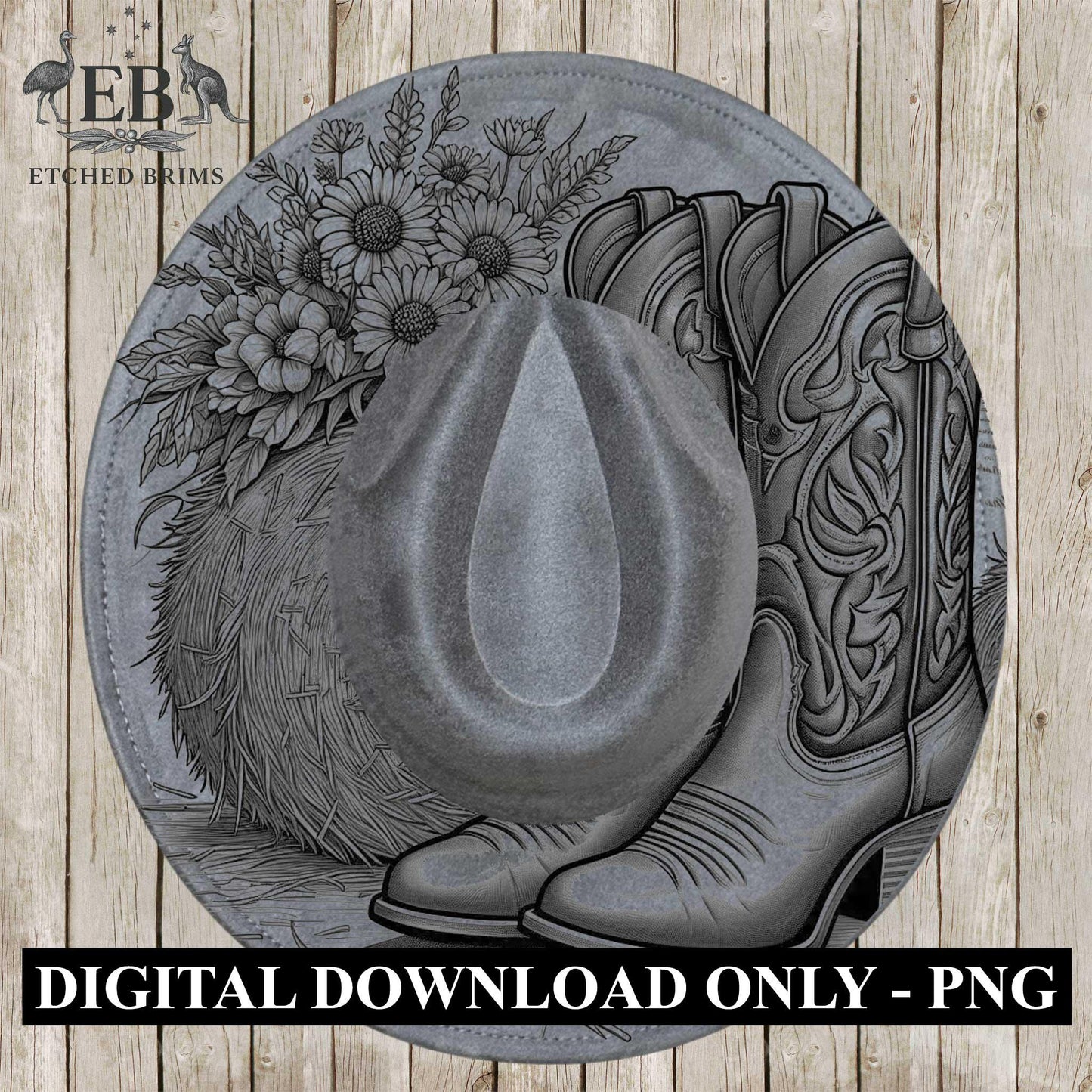 Cowgirl Boots & Sunflowers 6 Hat Burning Design, Western Brim PNG PDF Template, Digital Laser Design, Wide Brim Faux Suede Hat, EB630