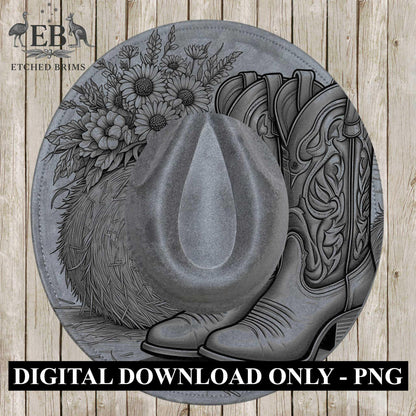 Cowgirl Boots & Sunflowers 6 Hat Burning Design, Western Brim PNG PDF Template, Digital Laser Design, Wide Brim Faux Suede Hat, EB630