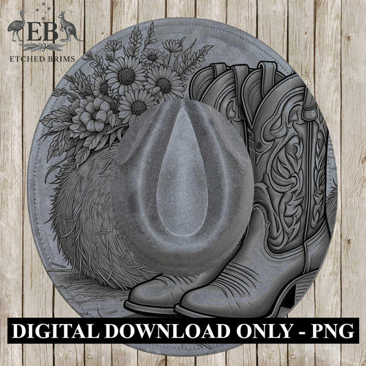 Cowgirl Boots & Sunflowers 6 Hat Burning Design, Western Brim PNG PDF Template, Digital Laser Design, Wide Brim Faux Suede Hat, EB630