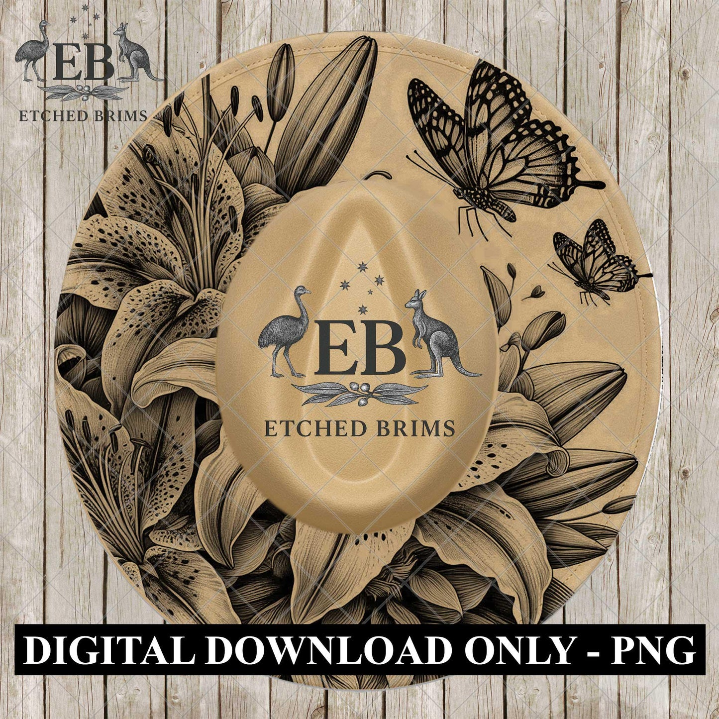 Stargazer Lillies and Butterflies, Hat Engraving, Digital Download PNG, PDF, Wide Brim Hat Design, EB1109