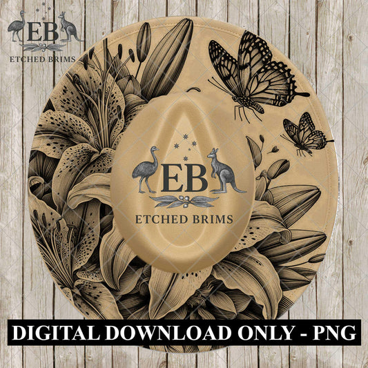 Stargazer Lillies and Butterflies, Hat Engraving, Digital Download PNG, PDF, Wide Brim Hat Design, EB1109