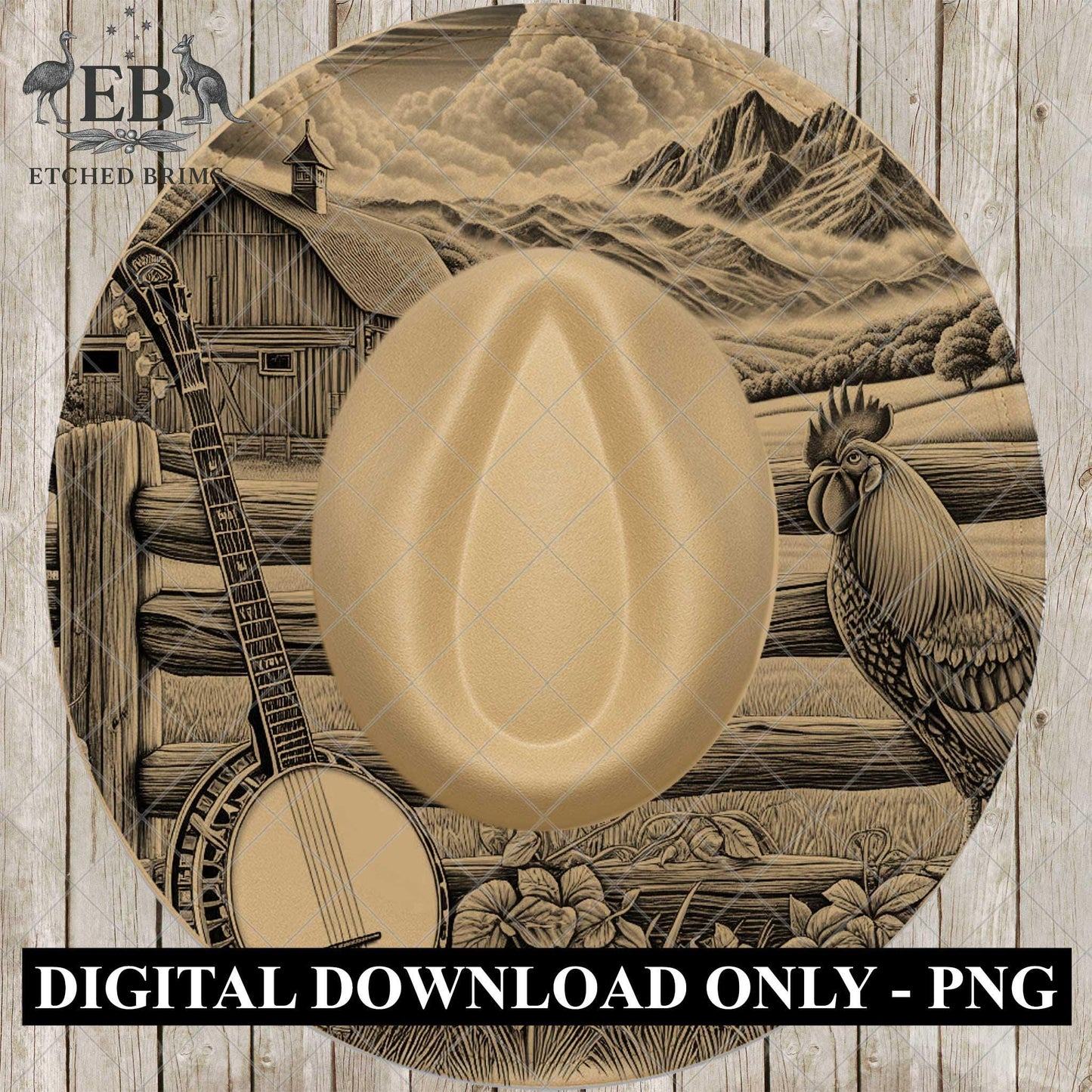 Banjo Barn Rooster, Hat Engraving Design, Laser Burning File for Wide Brim Fedora, EB1015
