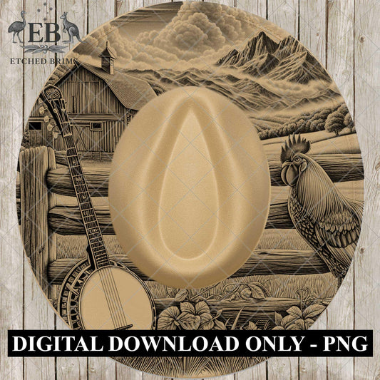 Banjo Barn Rooster, Hat Engraving Design, Laser Burning File for Wide Brim Fedora, EB1015