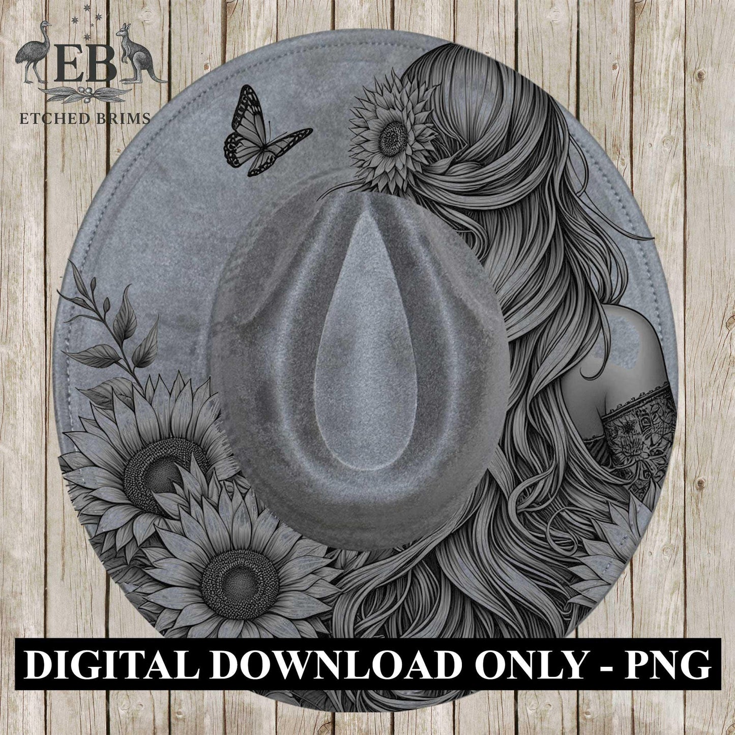 Girl and Sunflowers 2 Hat Burning Design, Digital Download PDF & PDF Hand Burning, Wide Brim Hat, Printable Hat Stencil, EB623