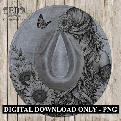 Girl and Sunflowers 2 Hat Burning Design, Digital Download PDF & PDF Hand Burning, Wide Brim Hat, Printable Hat Stencil, EB623