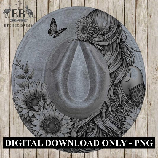 Girl and Sunflowers 2 Hat Burning Design, Digital Download PDF & PDF Hand Burning, Wide Brim Hat, Printable Hat Stencil, EB623
