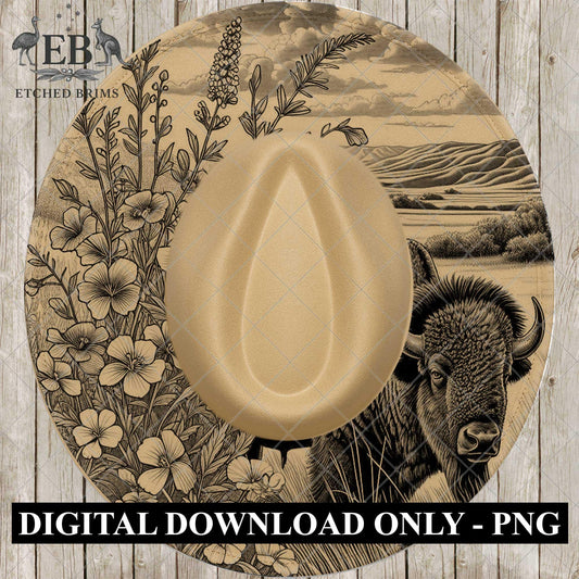 Buffalo and Wildflowers Hat Burning Design, Digital Download PNG & PDF, Laser Engraving Stencil, EB970