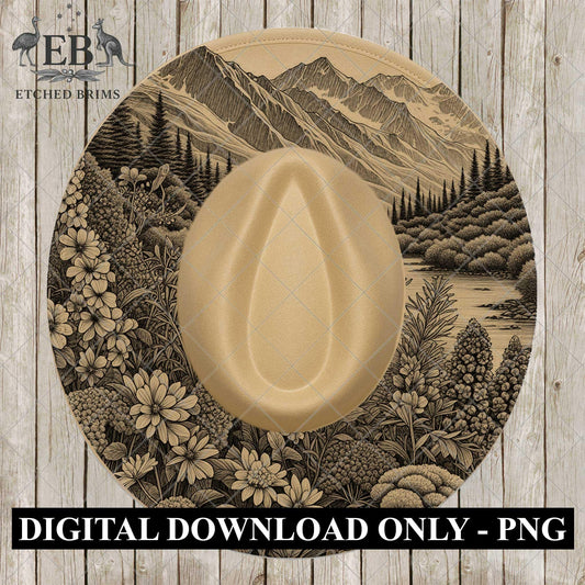 Alpine Meadow Hat Engraving Template, Mountain Laser Burning File, Nature Landscape Wide Brim Design, EB1061