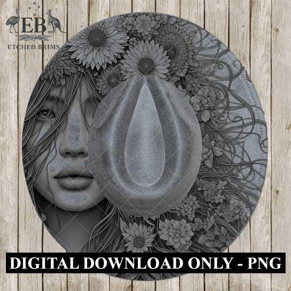 Girl & Flowers 19, Boho Woman Hat Engraving Template, Floral Hair PNG for Brim Burning, Western Hat Design, Digital File for Burners EB523