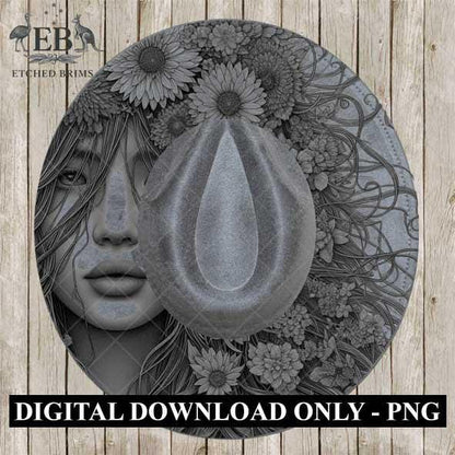 Girl & Flowers 19, Boho Woman Hat Engraving Template, Floral Hair PNG for Brim Burning, Western Hat Design, Digital File for Burners EB523