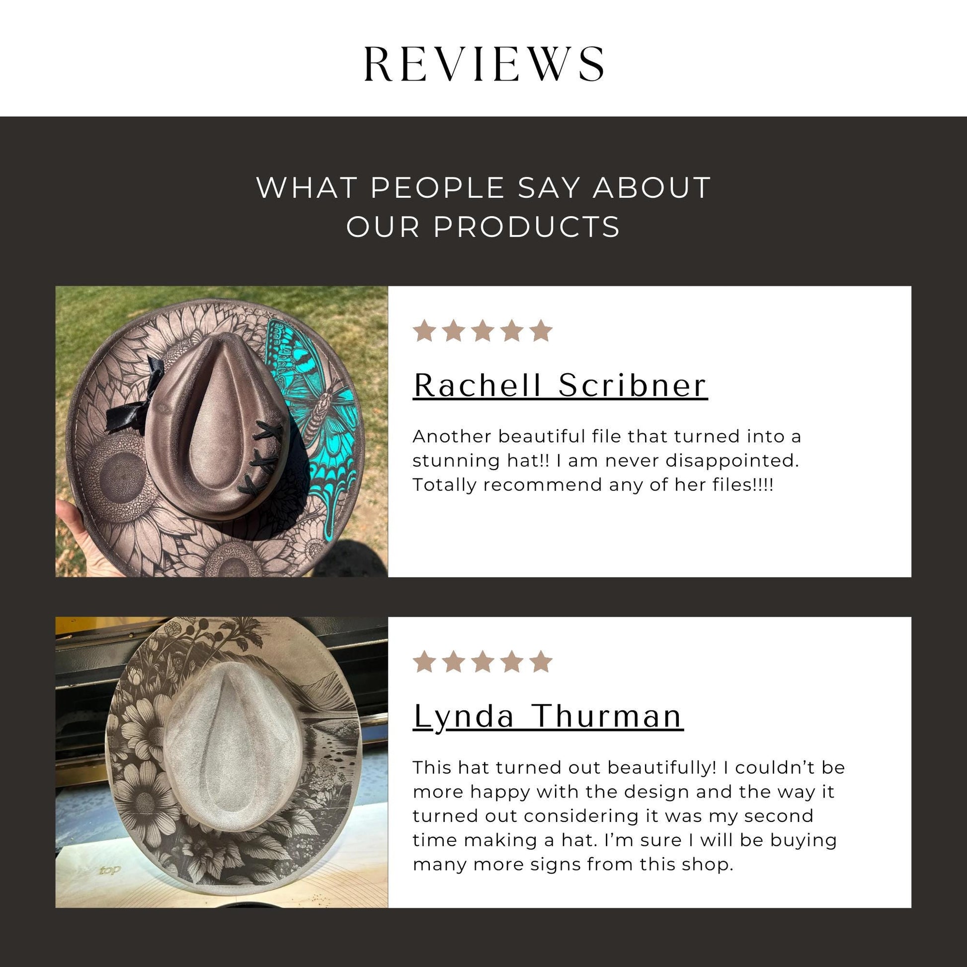 two photos of hats, each with a rating from 5 stars. The hats are described as beautiful and well-designed, with one hat being recommended by a customer and the other hat being recommended by a friend. The hats are shown in a collage format, with the text "REVIEWS" at the top and "WHAT PEOPLE SAY ABOUT OUR PRODUCTS" at the bottom.