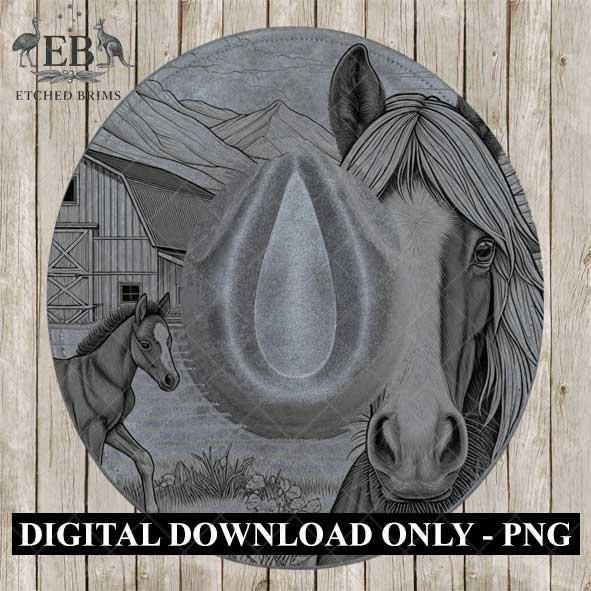 Hat Burning Design, Horse & Foal 1, Farm Design, Hat Burning Template, Cowgirl Hat, Hat Burning Stencil, Wide Brim Hat Design, EB440