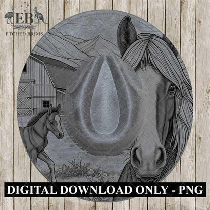 Hat Burning Design, Horse & Foal 1, Farm Design, Hat Burning Template, Cowgirl Hat, Hat Burning Stencil, Wide Brim Hat Design, EB440