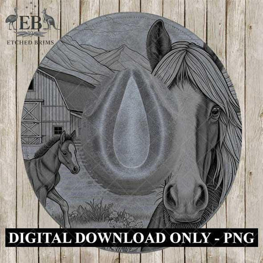 Hat Burning Design, Horse & Foal 1, Farm Design, Hat Burning Template, Cowgirl Hat, Hat Burning Stencil, Wide Brim Hat Design, EB440