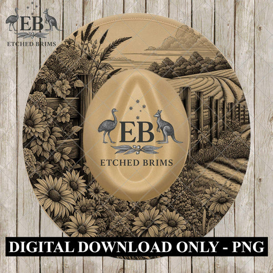 Country Road and Wildflowers, Hat Burning Design, Digital Download PNG, Wide Brim FedoraTemplate, Laser Engraving Design, EB1104