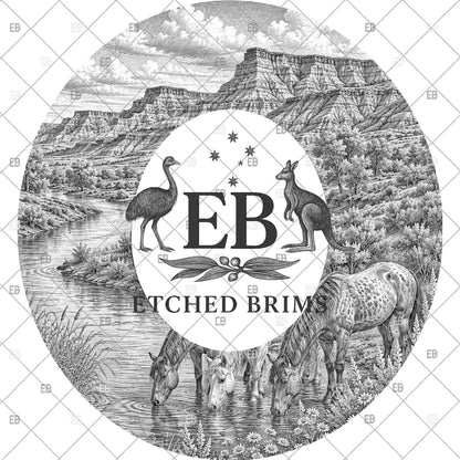 Wild Horses and Badlands, Hat Burning Design, River Landscape, Laser Hat Engraving, Digital Download PNG, Wide Brim Hat File, EB1256