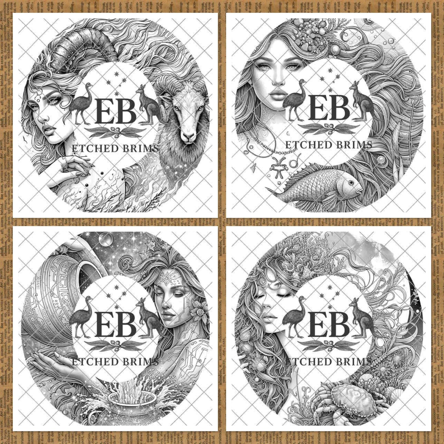 Zodiac Star Signs Hat Burning Templates Bundle. Laser Engraving Designs with PNG & Hat Hand Burning Stencils PDF. 12 Constellations EB303