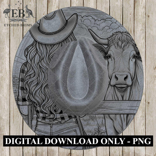Cowgirl & Cow Farm 8, Hat Burning Design, Digital Download PNG, Hat Burning Template, Hat Laser Engraving Design, Wide Brim Hat File, EB648