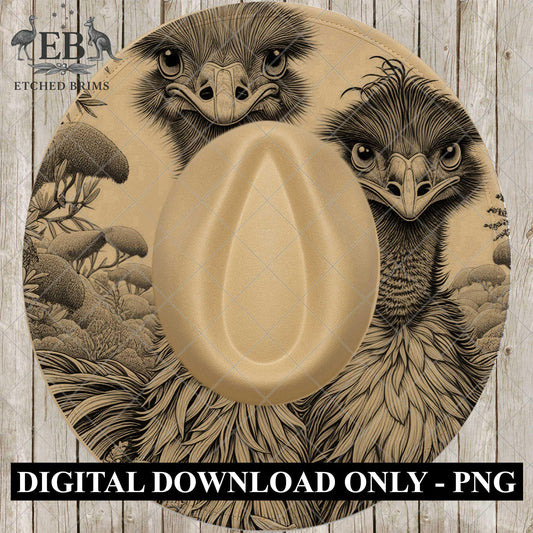 Emu and Ostrich Hat Burning Design, Laser Engraving File for Wide Brim Fedora Hat. EB966