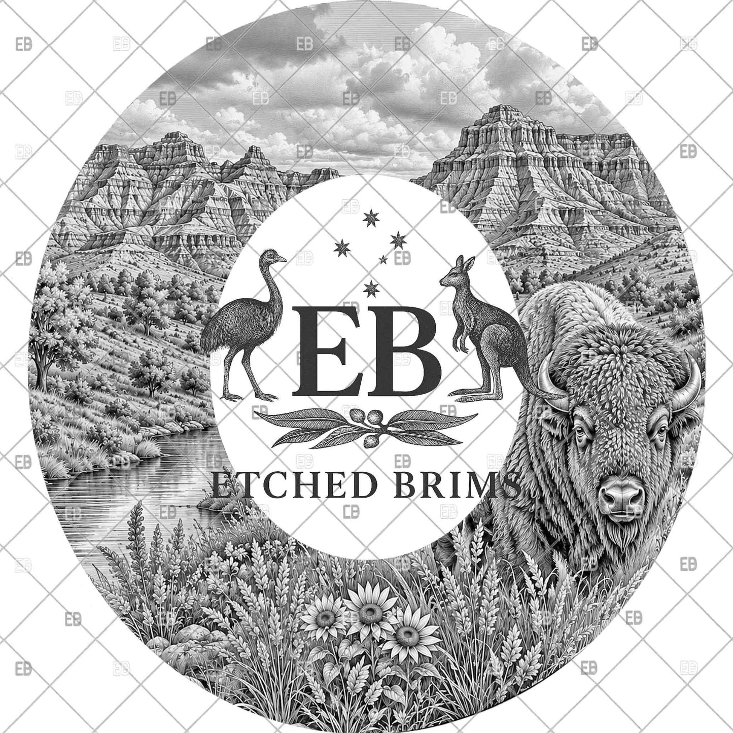 Badlands Buffalo Scene, Hat Burning Design, Western Landscape, Hat Burning Templates, Laser Engraving Design, Hat Burning Stencils, EB1259