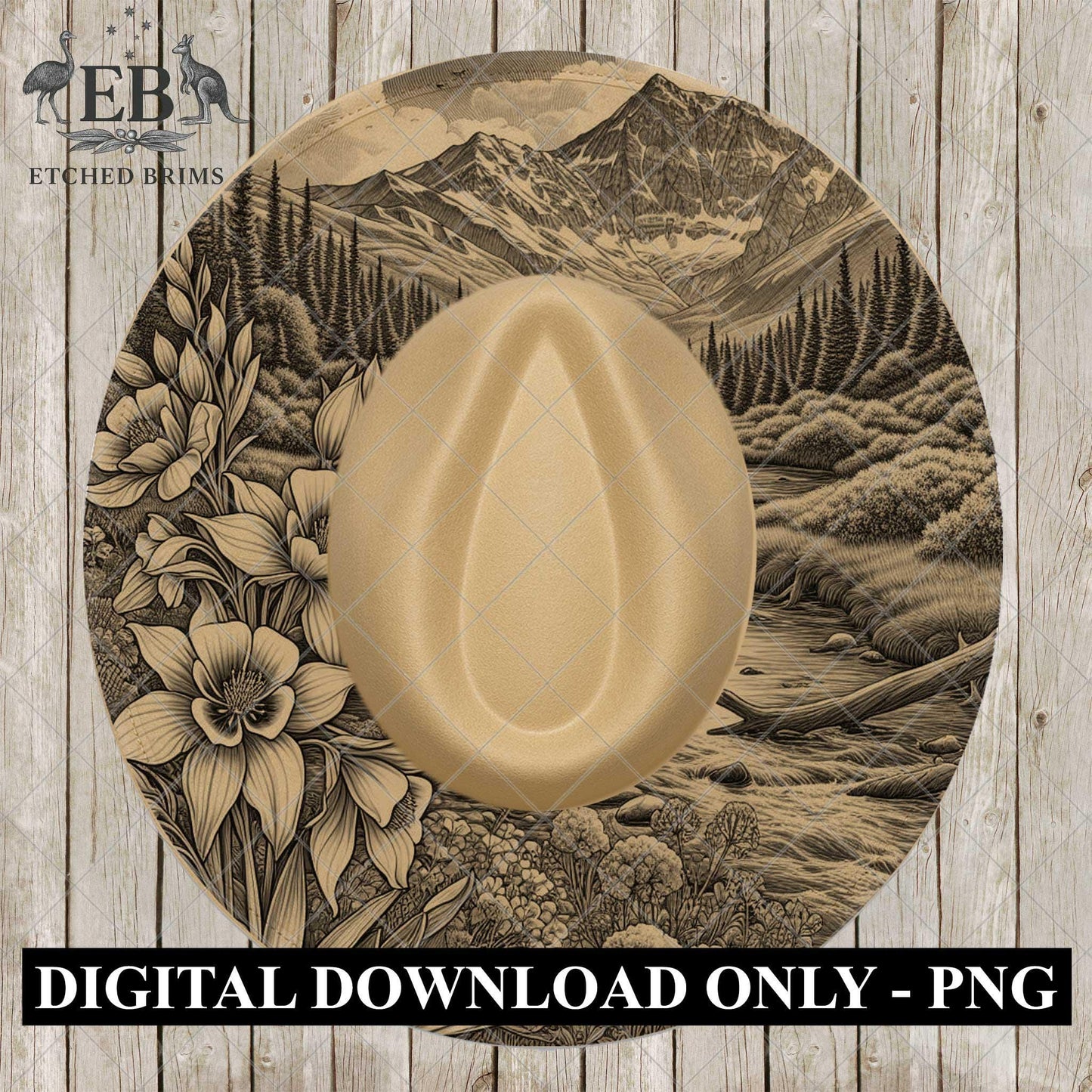 Columbine Flowers & Mountains, Hat Burning Design, Digital Download PNG, Hat Burning Template, Hat Laser Engraving Design, Wide Brim, EB1083