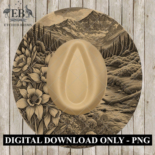 Columbine Flowers & Mountains, Hat Burning Design, Digital Download PNG, Hat Burning Template, Hat Laser Engraving Design, Wide Brim, EB1083
