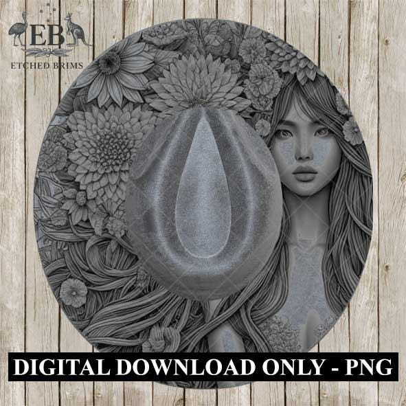 Girl & Flowers 7, Boho Woman Hat Engraving Template, Floral Hair PNG for Brim Burning, Western Hat Design, Digital File for Burners EB525