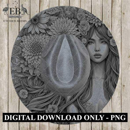 Girl & Flowers 7, Boho Woman Hat Engraving Template, Floral Hair PNG for Brim Burning, Western Hat Design, Digital File for Burners EB525