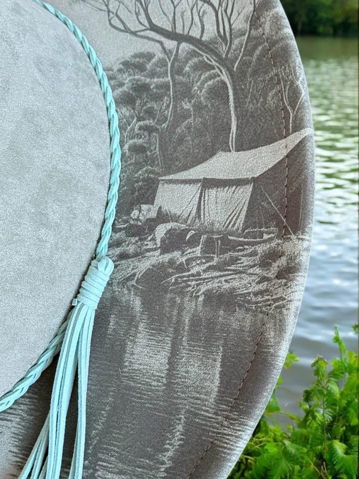 The Bushman’s Retreat - Engraved Fishing Camping Scene Wide Brim Hat, Vegan Suede Fedora Hat, Laser Engraved, Cowboy Hat, Burned Fedora