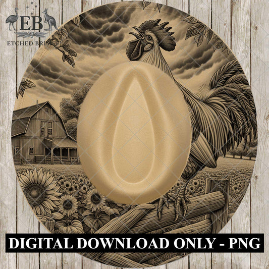 Crowing Farm Rooster & Sunflowers, Hat Burning Design, Wide Brim Hat Design, Digital Download PNG, PDF, Hat Burning Template, EB872