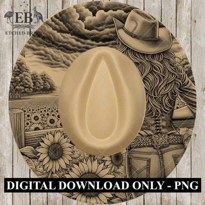 Cowgirl & Sunflowers 8, Hat Burning Design, Wide Brim Hat Burning Template, Laser Hat Engraving Template, Printable Stencil, EB761