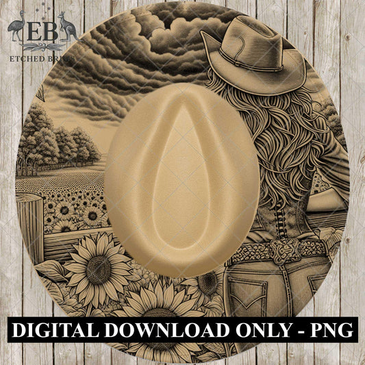 Cowgirl & Sunflowers 8, Hat Burning Design, Wide Brim Hat Burning Template, Laser Hat Engraving Template, Printable Stencil, EB761