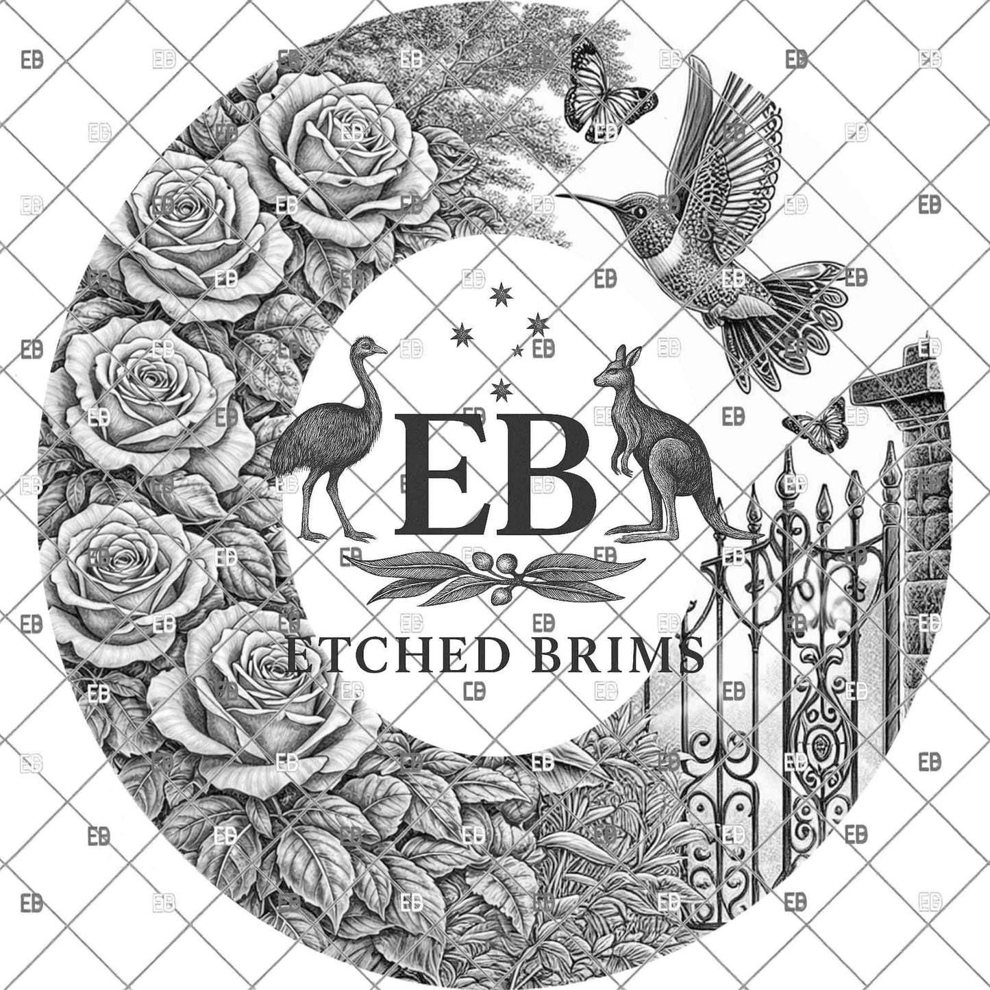 Roses, Butterflies and Hummingbird Hat Burning Template for Laser Engraving and Hand Burning, PNG and 4 page PDF included, EB1180