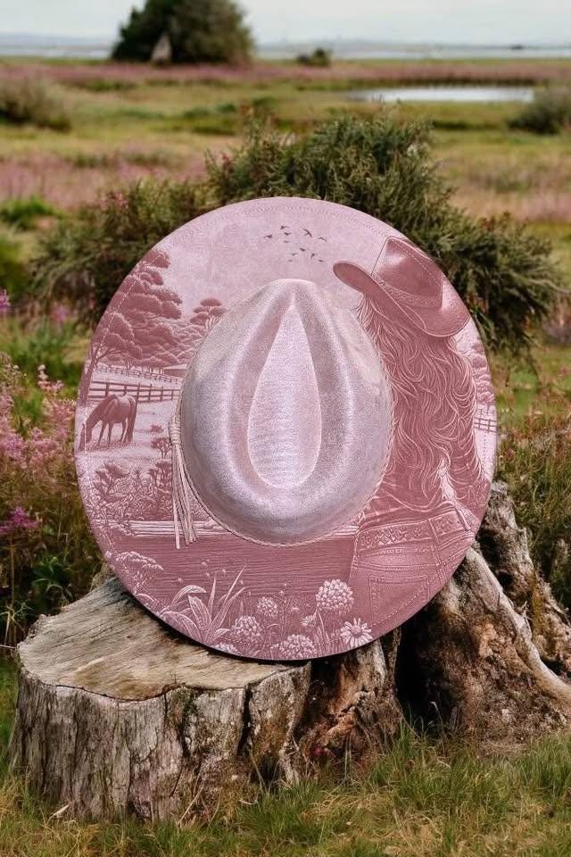 Cowgirl Dreams - Country Engraved Wide Brim Hat, Vegan Suede Fedora Hat, Laser Engraved, Cowboy Hat, Burned Fedora, Cowgirl Design