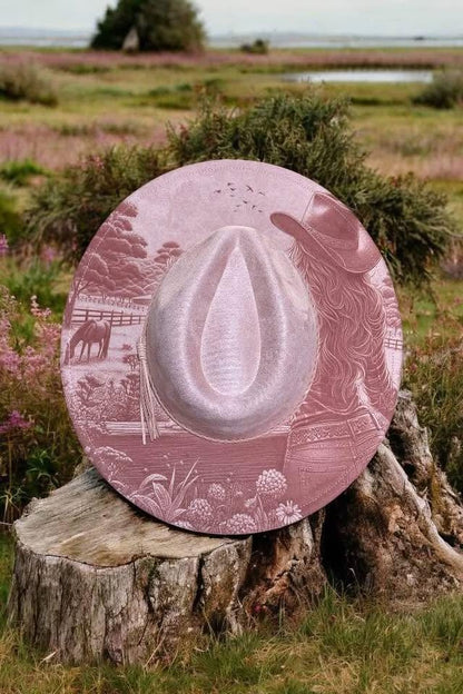 Cowgirl Dreams - Country Engraved Wide Brim Hat, Vegan Suede Fedora Hat, Laser Engraved, Cowboy Hat, Burned Fedora, Cowgirl Design